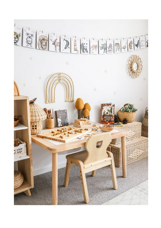 Modern Monty Animal Alphabet Flash Cards strung up on the wall