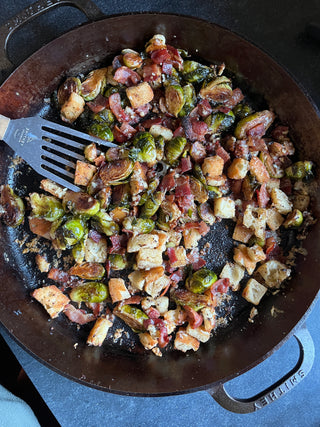 FEATURE RECIPE: crispy brussels sprouts with bacon and croutons