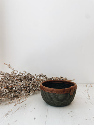 'Avery' Small Dark Green Bowl with Leather Trim