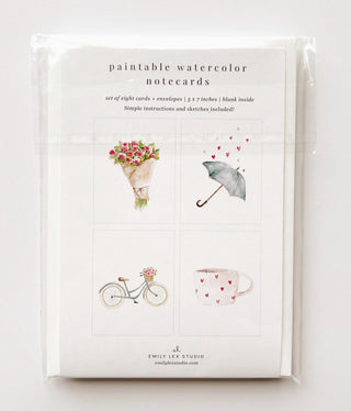 Pack of paintable watercolor notecards with illustrations on a white background
