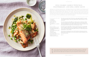 Cook Beautiful By Athena Calderone recipe for Gpan-Seared Salmon wit peas, chanterelles and dill chive sauce
