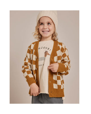 Close up of a little boy wearing Rylee & Cru Boy's Button Cardigan in a checkerboard pattern 